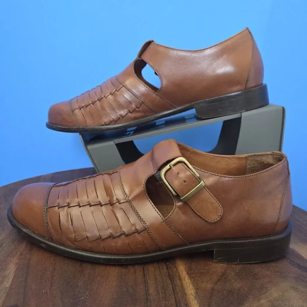Bass Morris Woven Leather Fisherman Shoes Caramel Brown Made in Brazil Men's 9